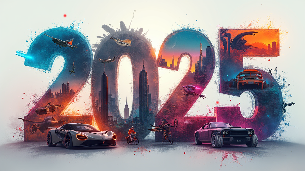 Collage of 2025 upcoming video games covers, vibrant game art, and popular gaming hardware on display.
